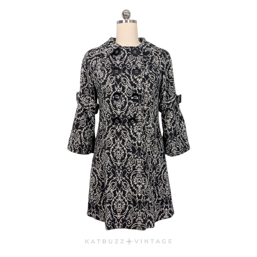 Retro Floral Peacoat Jacket L Black White Twee Glam Lady Bell Sleeve Coat Y2K